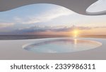 Futuristic minimalist architecture curved building and beautiful seascape view 3d render