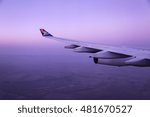 An South African Airways airplane's wing as seen from inside the airplane. 