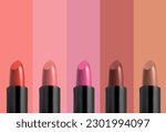 Set of colorful lipsticks on color background, professional makeup and beauty concept