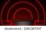 Small photo of Red circle neon background with cylinder platform suitable for product placement