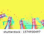 Champagne bottles on a neon yellow background with creative glitch effect and color splatter