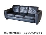 Simple black leather couch isolated on white, object cut out. Plain worn cushion sofa on white background. Furniture model, stylish modern interior room business office design piece, graphical assets