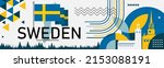 Sweden national day banner with geometric retro icons and Swedish flag map color scheme. Landmarks like Riddarholmen church, city hall Stockholm in background. 6 June celebration. Blue Yellow. Vector