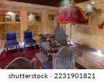 Small photo of Jaisalmer, Rajasthan, India - 15th October 2019 : Beautiful decorated interior and seating arrangements of Raja Mahal or Raja Ka Mahal, inside Jaisalmer fort. UNESCO World heritage site.