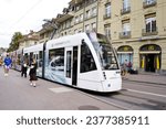Small photo of Bern, Switzerland-September 21, 2023: modern tramcar on Kornhausplatz in Old town