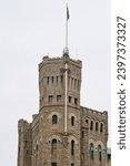 Small photo of Massachusetts, United States-April 17, 2023: Tower of medieval style building of old Armory of the first corps of cadets Boston