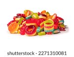 Small photo of Assorted colorful gummy candies. Top view. Jelly donuts. Jelly bears. Isolated on a white background.