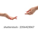 Woman hand with red nails holding something, isolated on a white background. 