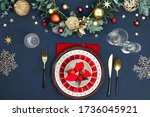christmas table setting in gold ... | Shutterstock . vector #1736045921