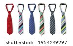 Small photo of Strapped neckties in different colors, men's striped ties. Isolated on white background