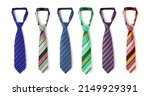 Small photo of Strapped neckties in different colors, men's striped ties. Isolated on white background