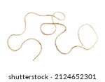 Small photo of Piece of jute twine isolated on white background. Natural rope for packaging and decoration. Coarse linen threads. Hemp twine.