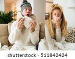 Sick couple catch cold. Man and woman sneezing, coughing. People got flu, having runny nose.
