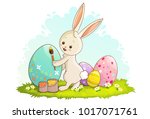 cute rabbit painting easter egg ... | Shutterstock .eps vector #1017071761