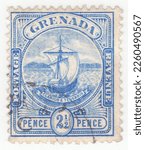 Small photo of GRENADA - 1906: An 2½ pence blue postage stamp depicting a Seal of Colony. Grenada is an island country in the Caribbean Sea and a member of the Commonwealth of Nations