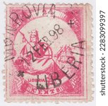 Small photo of LIBERIA - 1880: An 24 cents rose-red postage stamp depicting a sitting Liberty with a sailing vessel in the background. Republic of Liberia, is a country on the West African coast