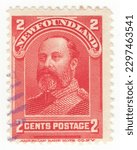 Small photo of NEWFOUNDLAND - 1898: An 2 cents vermilion postage stamp depicting portrait of Edward VII as Prince of Wales, Royal Family issue. Newfoundland was a self-governing dominion of the British Empire