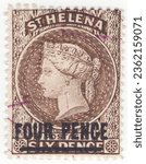 Small photo of ST. HELENA - 1884: 4 on 6 pence dark brown postage stamp depicting portrait of Queen Victoria, surcharged "FOUR PENCE" and bar. Saint Helena was a British Crown Colony located in the South Atlantic