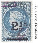 Small photo of ST. HELENA - 1893: 2½ on 6 pence blue postage stamp depicting portrait of Queen Victoria surcharged in Black. Saint Helena was a British Crown Colony located in the South Atlantic Ocean