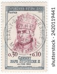 Small photo of FRANCE - 1964 June 1: 30+10 centimes slate and claret Semi-Postal stamp depicting portrait of Pope Sylvester II (Gerbert). The surtax was for the Red Cross