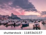 Lerici (La Spezia, Liguria, Italy) at sunset with castle and boats. Pink sky with clouds.