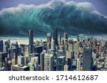 Photo manipulation about a tsunami going to hit a big city