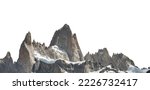 Small photo of Mount Fitz Roy (also known as Cerro Chalten, Cerro Fitz Roy, or Monte Fitz Roy) isolated on white background. It is a mountain in Patagonia, on the border between Argentina and Chile.