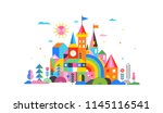 Geometric fairy tale kingdom, knight and princess magic castle, children room, class wall decoration. Colorful vector illustration