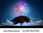 Small photo of Zodiac signs inside of horoscope circle. Astrology in the sky with many stars and moons astrology and horoscopes concept