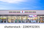 Small photo of Samut Sakhon, Thailand - March 27, 2023 : Front view of large 7 Eleven Convenience Store is undergoing interior decoration and product placement to be open for service in the next few days