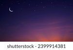 Small photo of Night Sky background with Crescent Moon and stars on dark blue twilight sky with copy Space for editing arabic text, Ramadan kareem, Eid al Adha, Eid al fitr, Mubarak, Islamic New Year