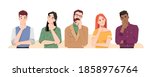 Puzzled people wondering or thinking, planning or pondering. Men and women full of thoughts, holding hand by chin. Confused males and females isolated. Cartoon character, vector in flat style