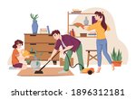 family cleans house  vacuums... | Shutterstock .eps vector #1896312181