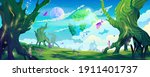 Alien planet landscape, fantastic habitable world vector cartoon background. Fairy tale trees and butterflies, sky and globes, animals, plants. Glowing miracle tree, bubbles in air, ui game backdrop