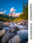 Small photo of Mount Rainier, spruce forest, glacial rocks, and the Nisqually River in Mt Rainier National Park in Washington State. Majestic tranquil autumn landscape of the Cascade Mountains in North America.