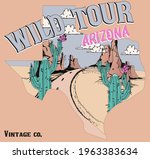 Wild Tour vintage style print design with mountain and cactus drawing as vector. Texas desert illustration for t shirt print, sticker or other uses.