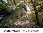 Autumn view of Elephant rocks near Liberec, Czechia. Autumn landscape with huge sandstone rocks. High rocks in autumn forest.