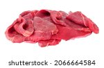 Group of fresh raw thinly sliced beef sandwich steaks isolated on a white background