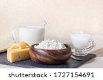 Small photo of Food is a source of calcium, magnesium, protein, fats, carbohydrates, balanced diet. Dairy products on the table: cottage cheese, sour cream, milk, cheese, contain casein, albumin, globulin, lactose