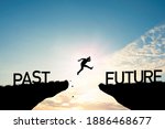 Small photo of Go ahead and continuously improvement concept, silhouette man jump on a cliff from past to future with cloud sky background.