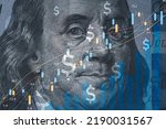 Small photo of Closeup Benjamin Franklin face on USD banknote with stock market chart graph and dollar sign for currency exchange and global trade forex concept.