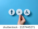 Small photo of an image of a healthy person and a disabled person and an equal sign between them. Equality and recognition of persons with disabilities