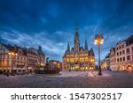 Liberec, Czechia. View of main square with Town Hall building and fountain at dusk (HDR-image)