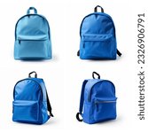 One-color school backpack on a white background. School backpack mockup. A set of blue backpacks.