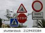 Small photo of various road signs: "Entry forbidden to all vehicles except authorized ones, caution cyclists, stop road, pedestrian crossing", Alicante Province, Costa Blanca, Spain, February, 2022