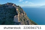 Small photo of Aerial drone photo of iconic fortress of Palamidi built uphill overlooking old city of Nafplio well known for its 1000 stairs to reach the top , Argolida, Peloponnese, Greece