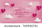 Valentines of paper craft design, contain pink hearts and clouds are holding by sting on top, soft pink background feel like fluffy in the air, Happy Valentine