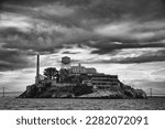 Alcatraz island in san Francisco bay in United States, photo in black and white,