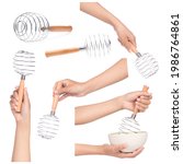 Small photo of Set of hand holding Balloon whisk manual hand egg beater isolated on a white background