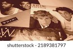 Small photo of Rome, January 29, 2019: Collection of vinyl by the English duo, WHAM. first group of pop star GEORGE MICHAEL. White background